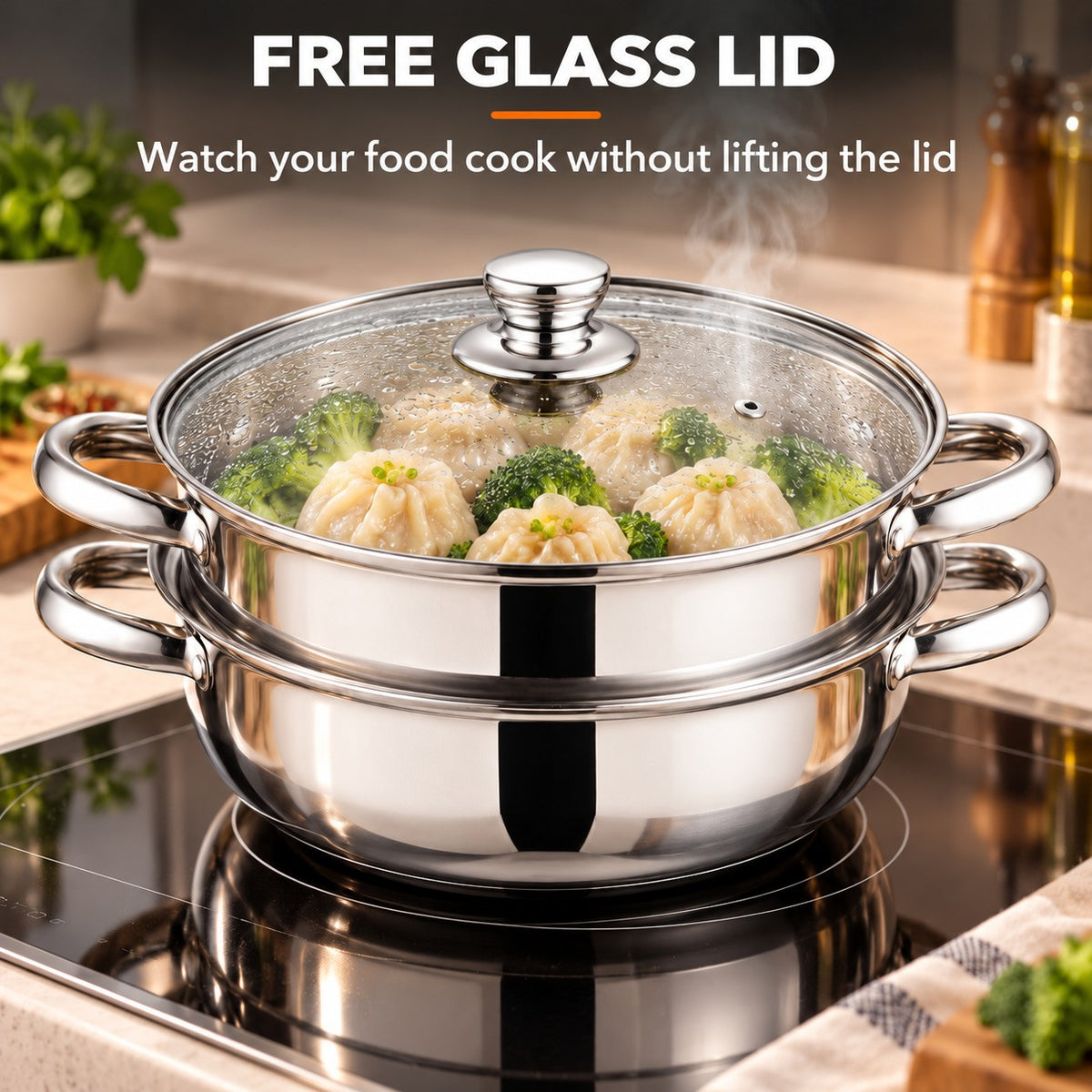 Wok and steamer set, FREE GLASS LID: Watch your food cook without lifting the lid