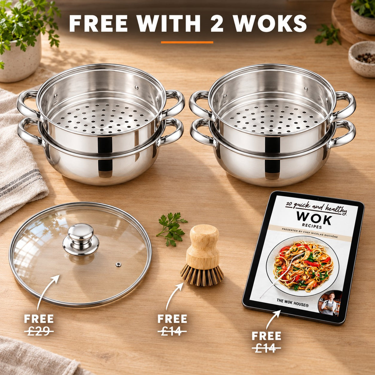 Wok and steamer set, FREE WITH 2 WOKS: glass lid (£29), bamboo brush (£14), recipe book (£14)