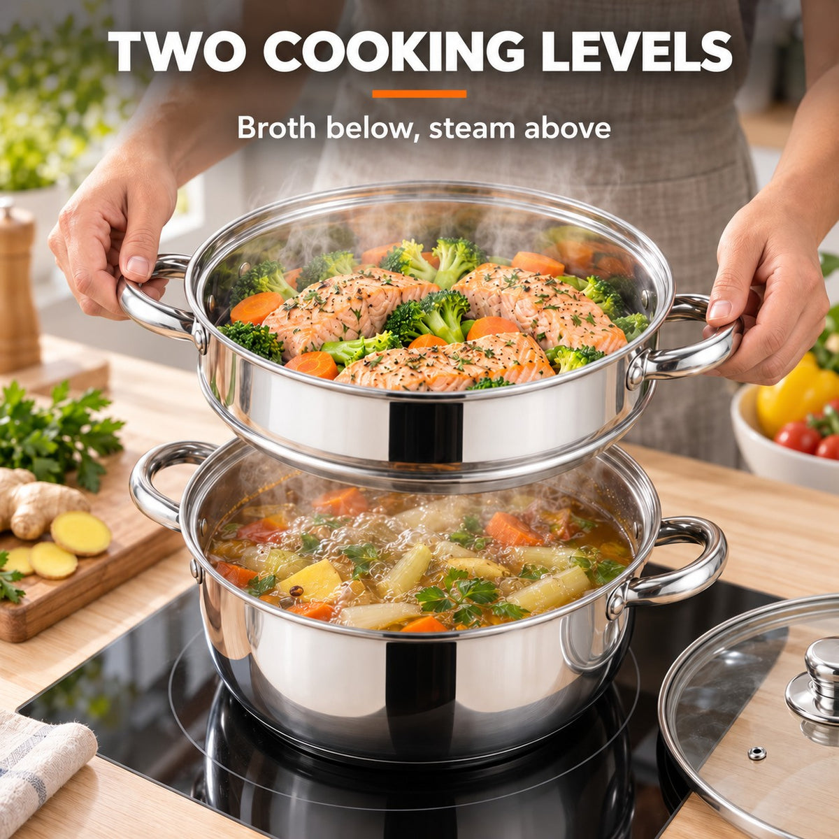Wok and steamer set, TWO COOKING LEVELS: Broth below, steam above