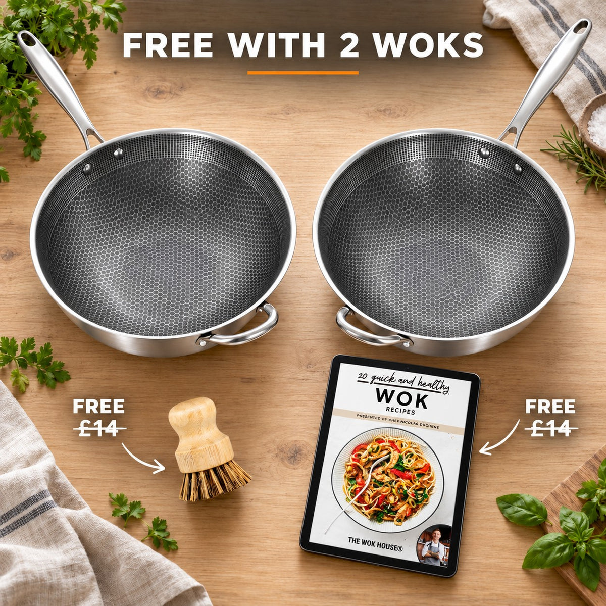 The Kitaka Wok for Induction, FREE WITH 2 WOKS: bamboo brush (£14), recipe book (£14)