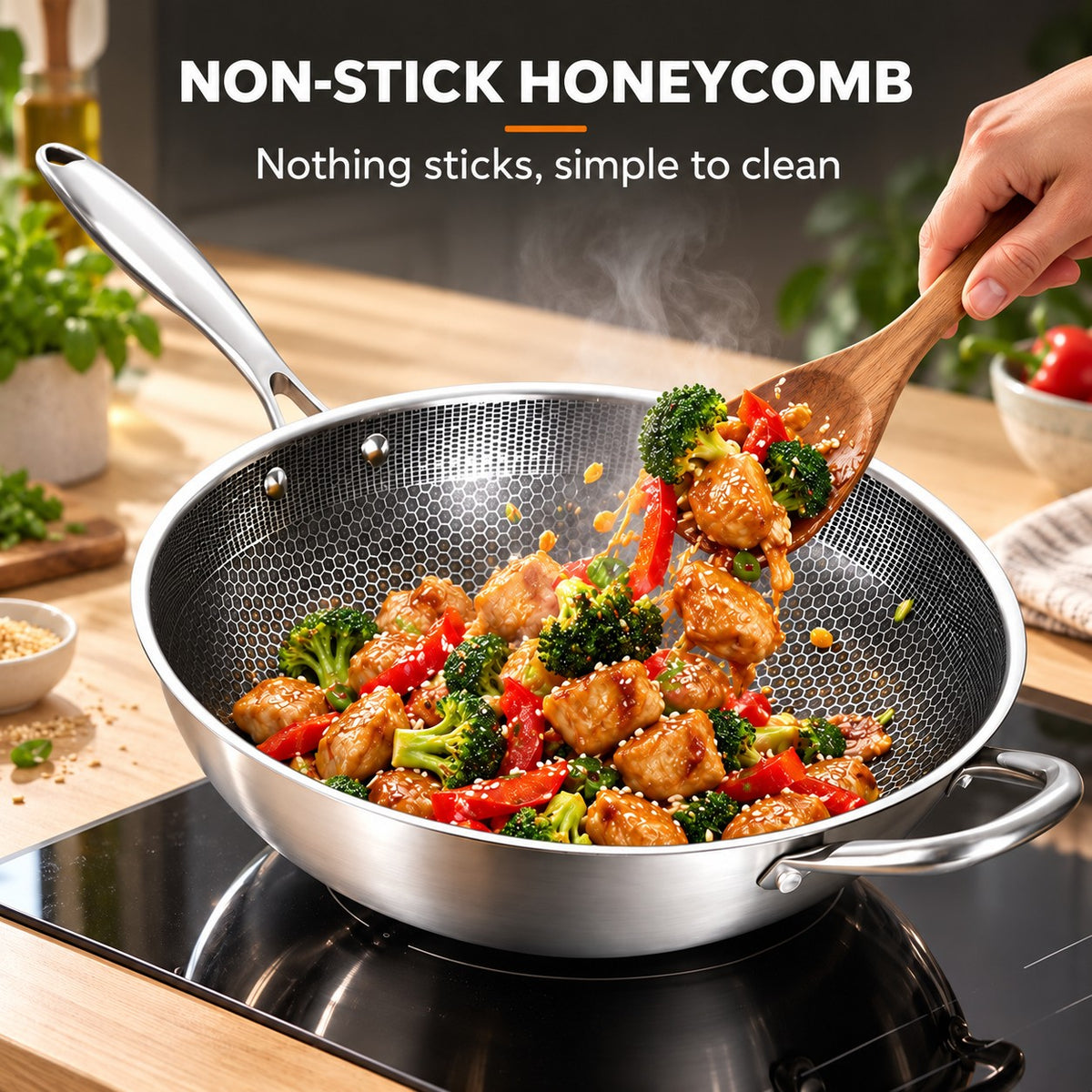 The Kitaka Wok for Induction, NON-STICK HONEYCOMB: Nothing sticks, simple to clean