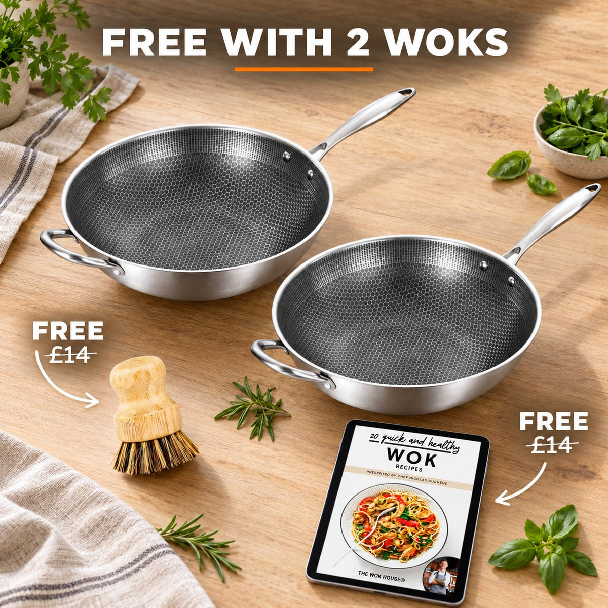 The Kita Induction Wok, FREE WITH 2 WOKS: bamboo brush (£14), recipe book (£14)