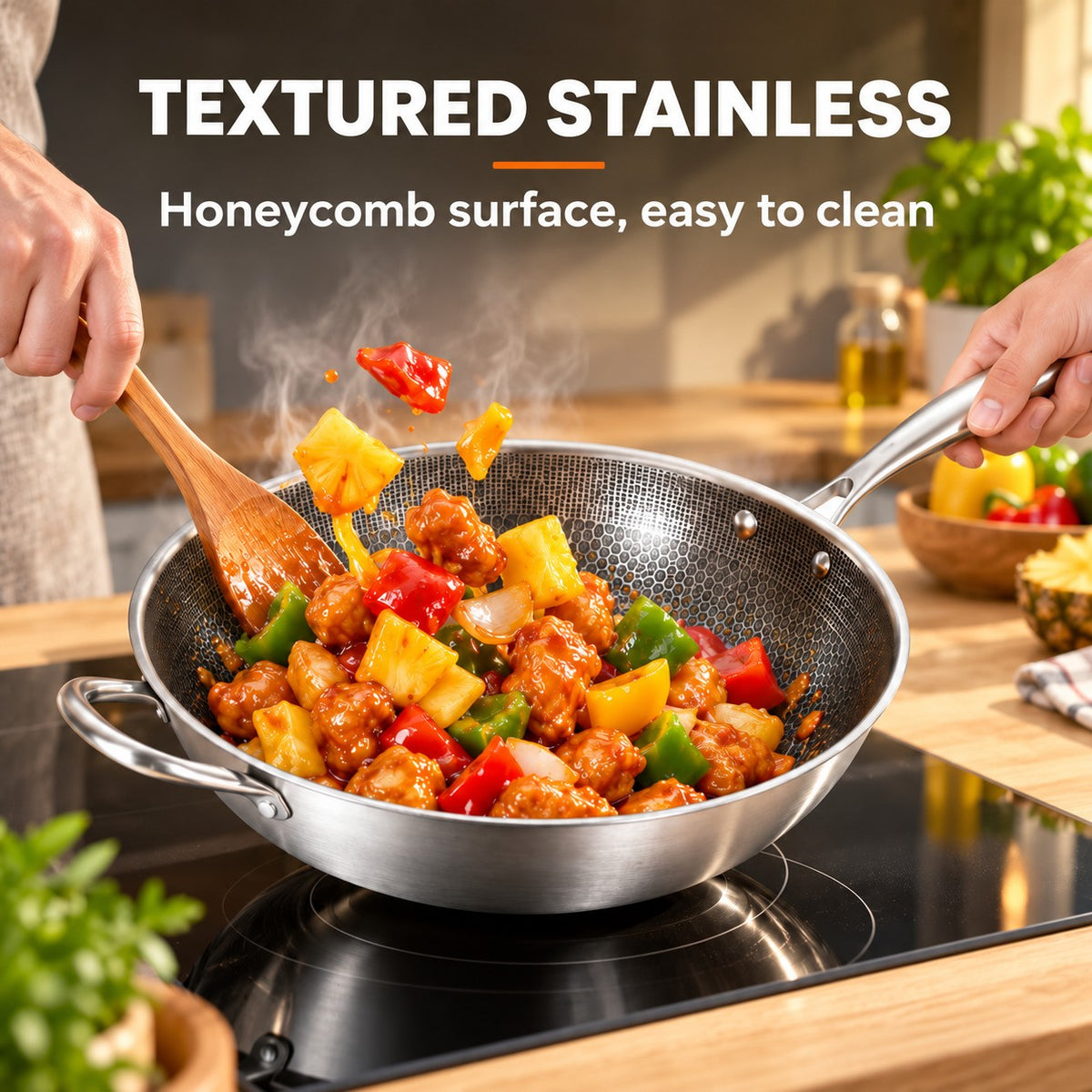 The Kita Induction Wok, TEXTURED STAINLESS: Honeycomb surface, easy to clean