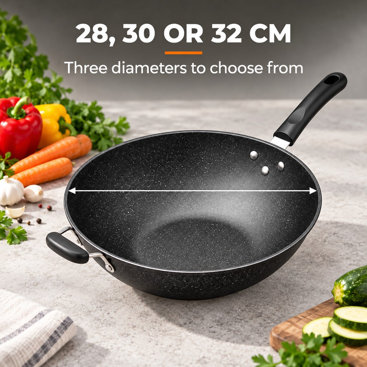 The Lanska Wok Pan, 28, 30 OR 32 CM: Three diameters to choose from