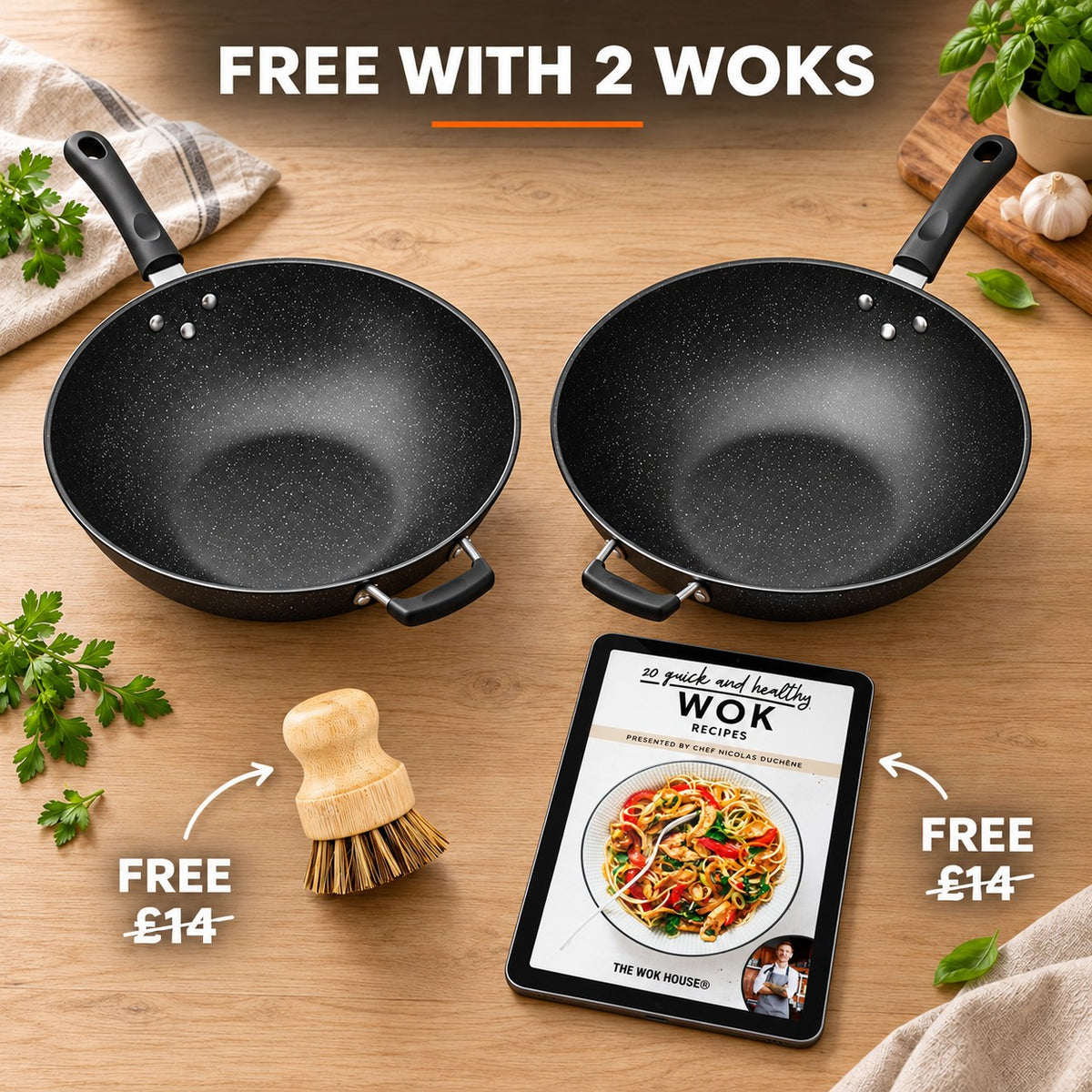 The Lanska Wok Pan, FREE WITH 2 WOKS: bamboo brush (£14), recipe book (£14)