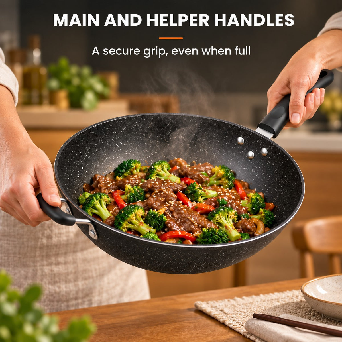 The Lanska Wok Pan, MAIN AND HELPER HANDLES: A secure grip, even when full
