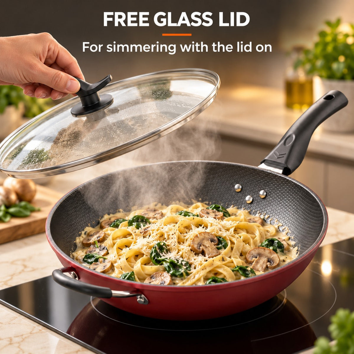 Wok pan, FREE GLASS LID: For simmering with the lid on