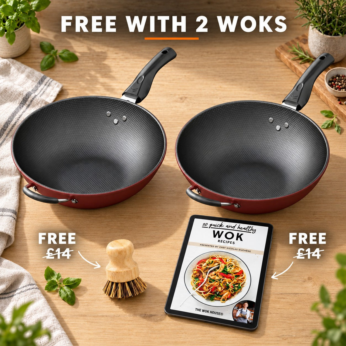 Wok pan, FREE WITH 2 WOKS: bamboo brush (£14), recipe book (£14)