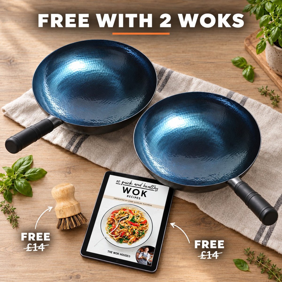 The Fuji Uncoated Wok, FREE WITH 2 WOKS: bamboo brush (£14), recipe book (£14)