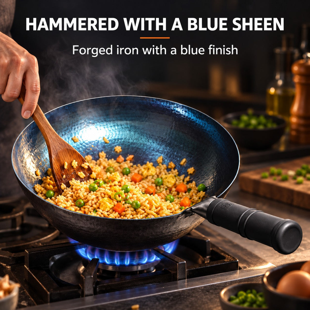 The Fuji Uncoated Wok, HAMMERED WITH A BLUE SHEEN: Forged iron with a blue finish