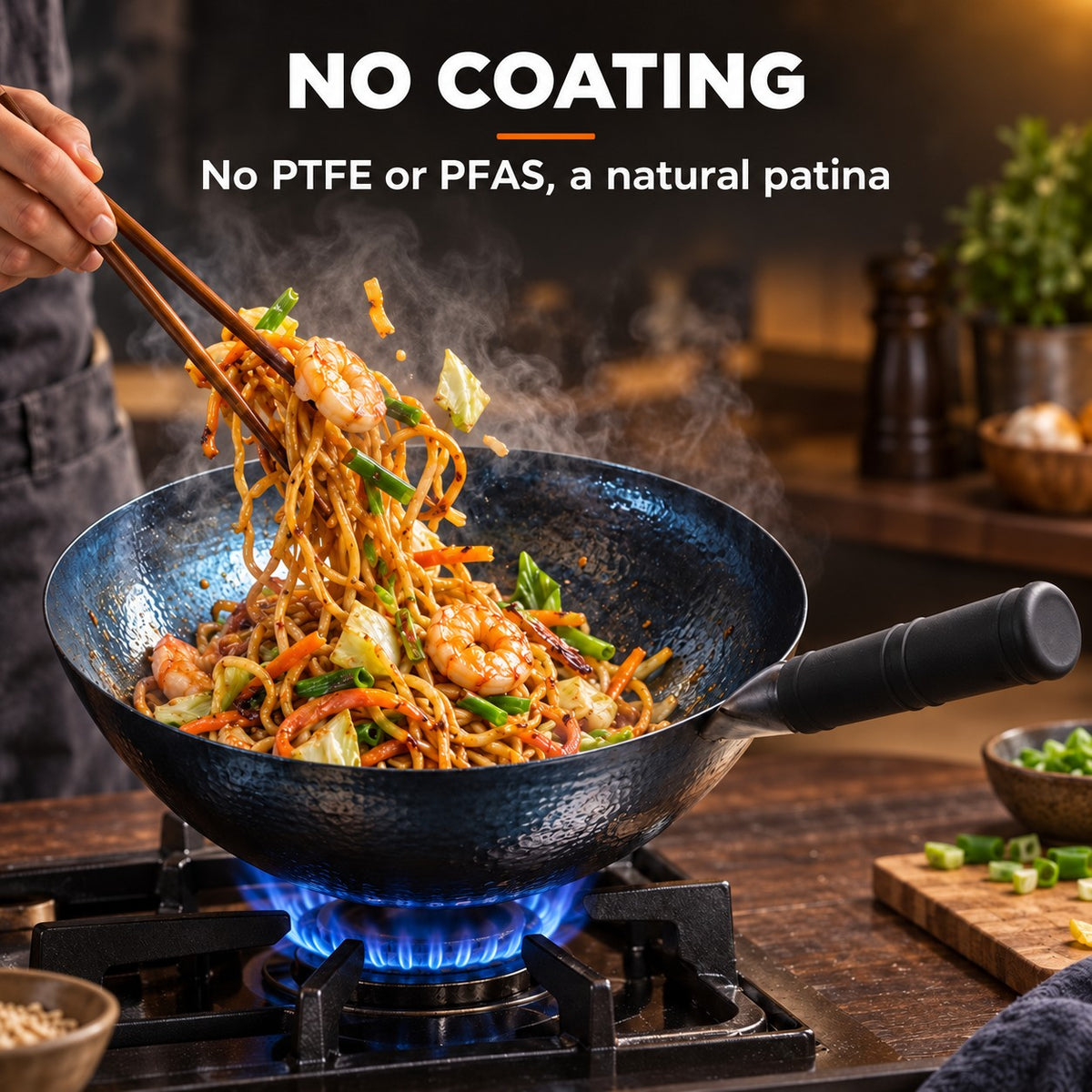 The Fuji Uncoated Wok, NO COATING: No PTFE or PFAS, a natural patina