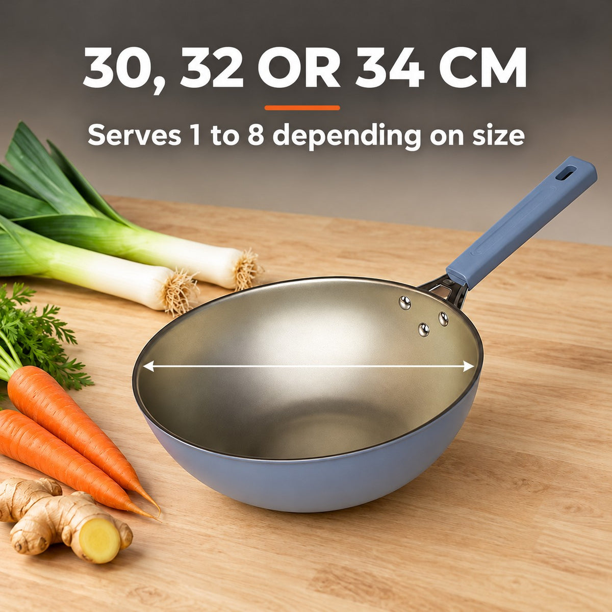 Wok with lid, 30, 32 OR 34 CM: Serves 1 to 8 depending on size
