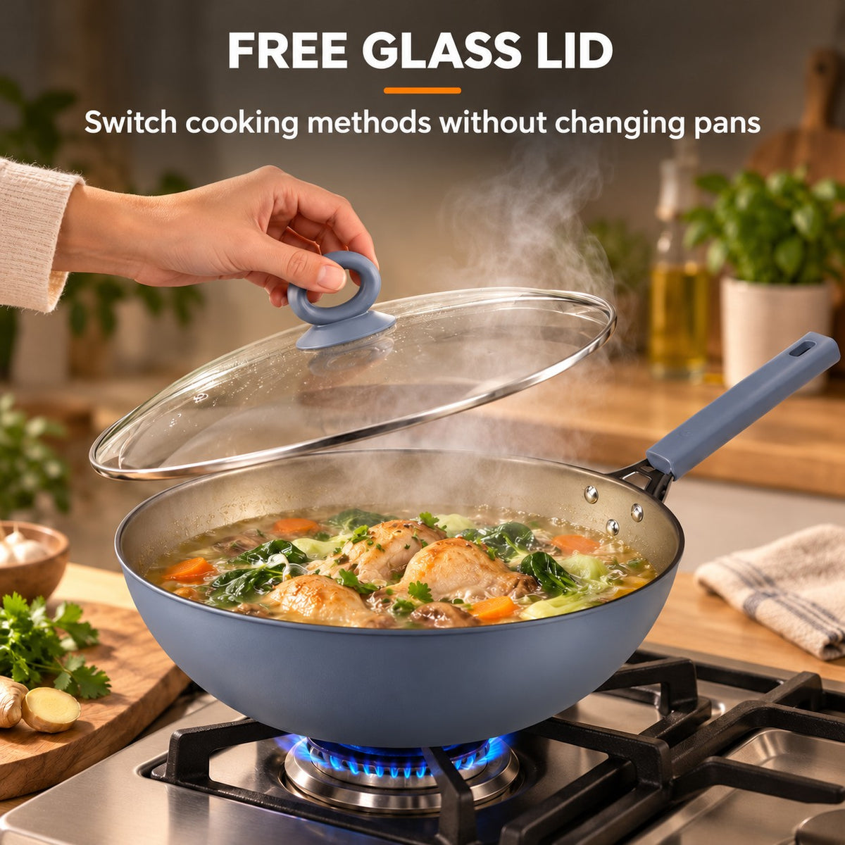 Wok with lid, FREE GLASS LID: Switch cooking methods without changing pans