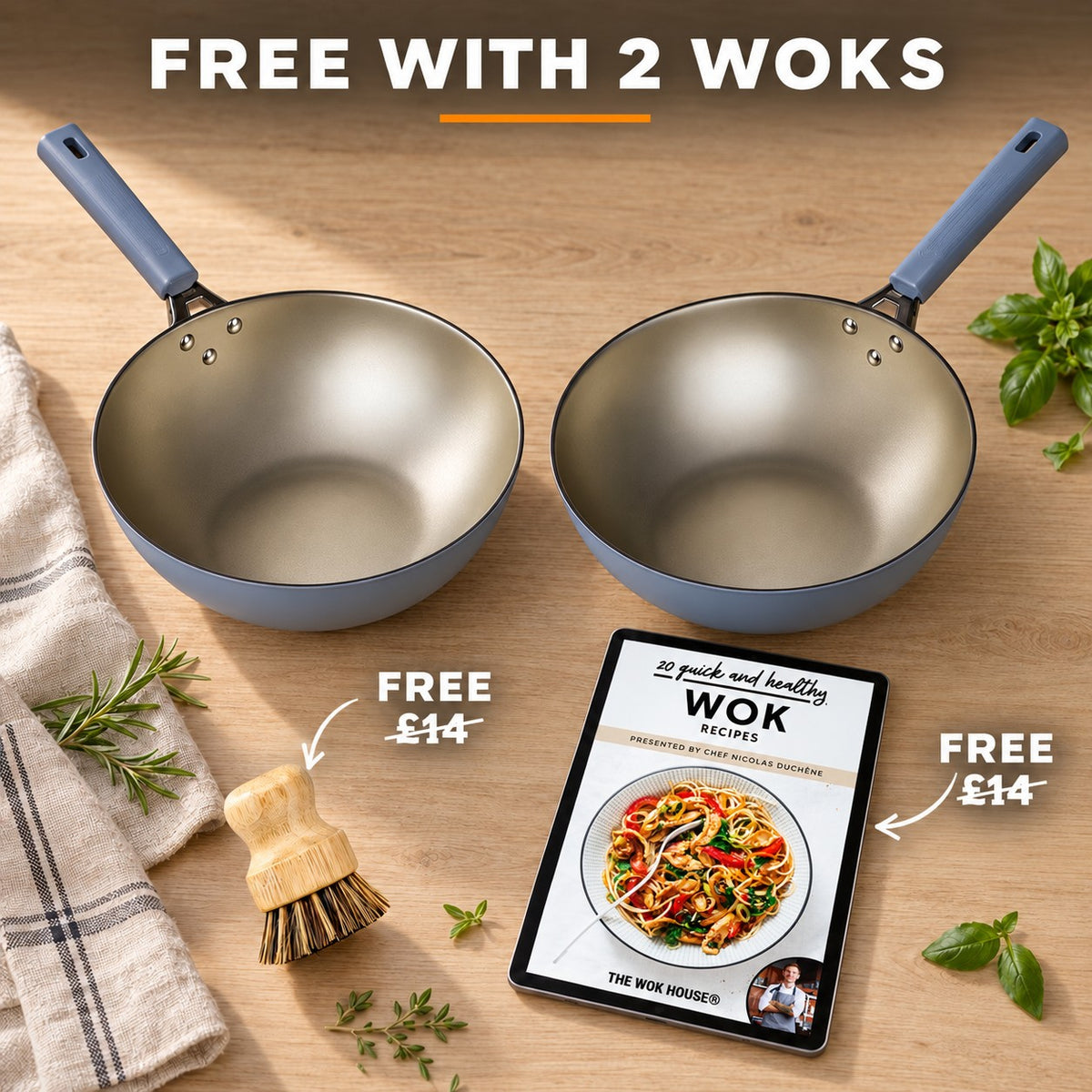 Wok with lid, FREE WITH 2 WOKS: bamboo brush (£14), recipe book (£14)