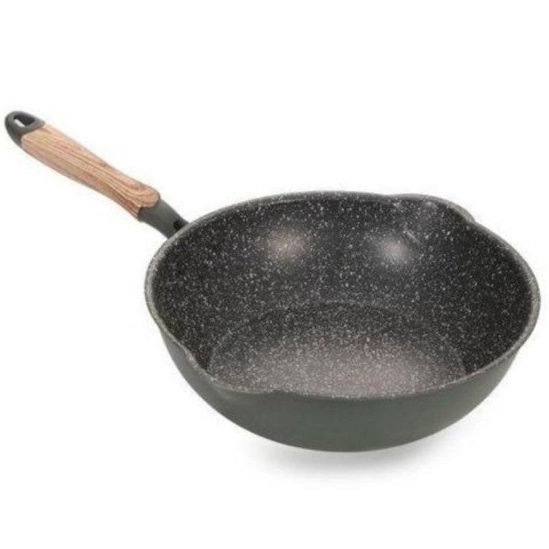 Aso granite wok with glass lid and wooden handle on induction cooktop