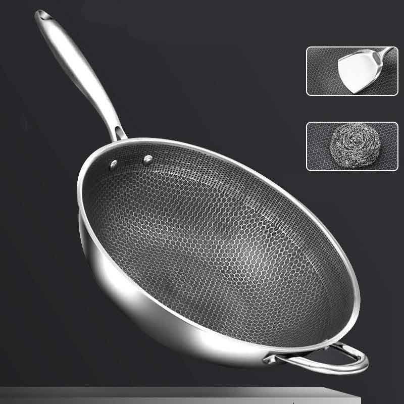 Kita stainless steel induction wok with non-stick honeycomb coating and ergonomic handle